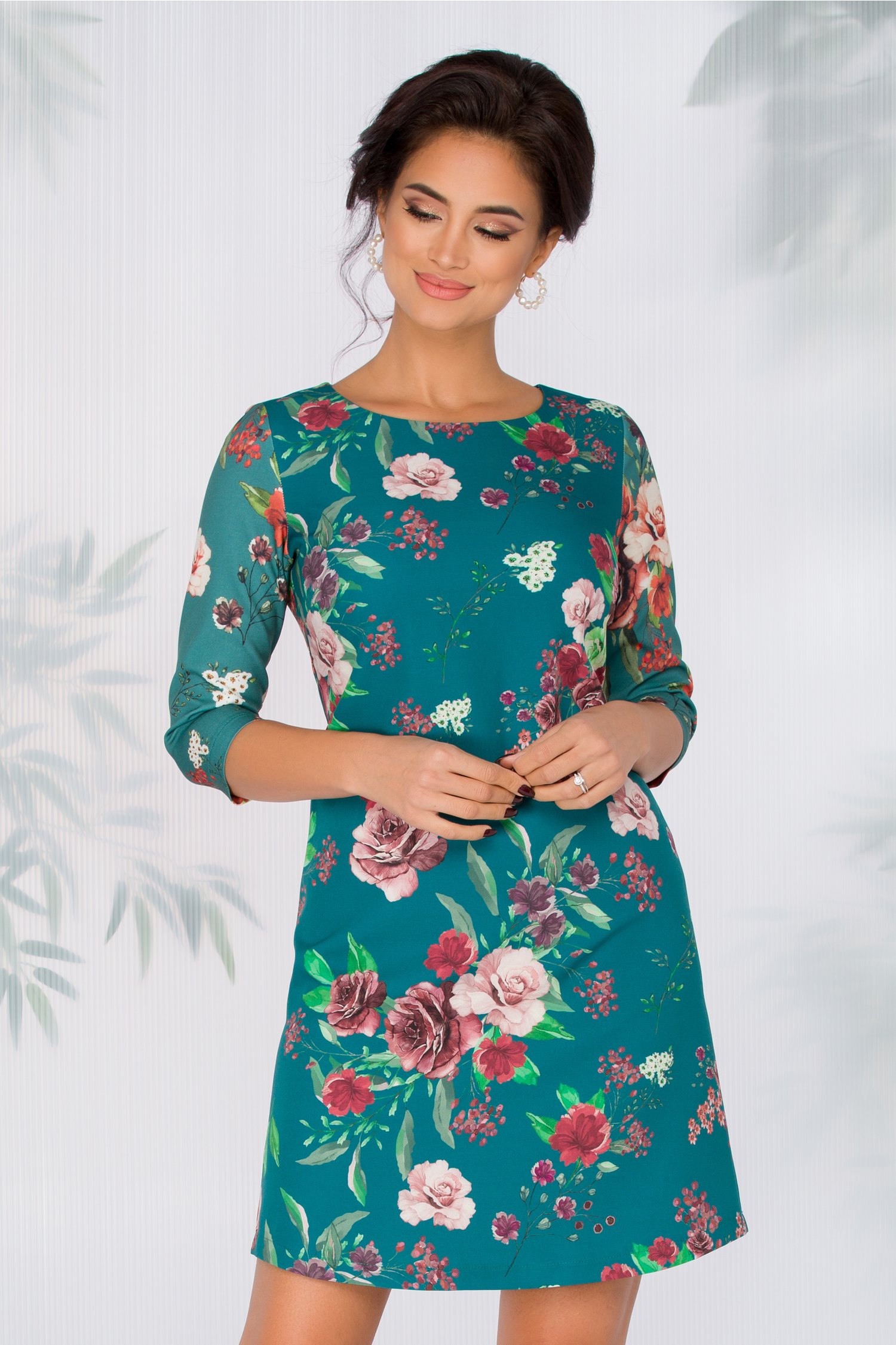 Rochie Nellie turcoaz cu imprimeu floral