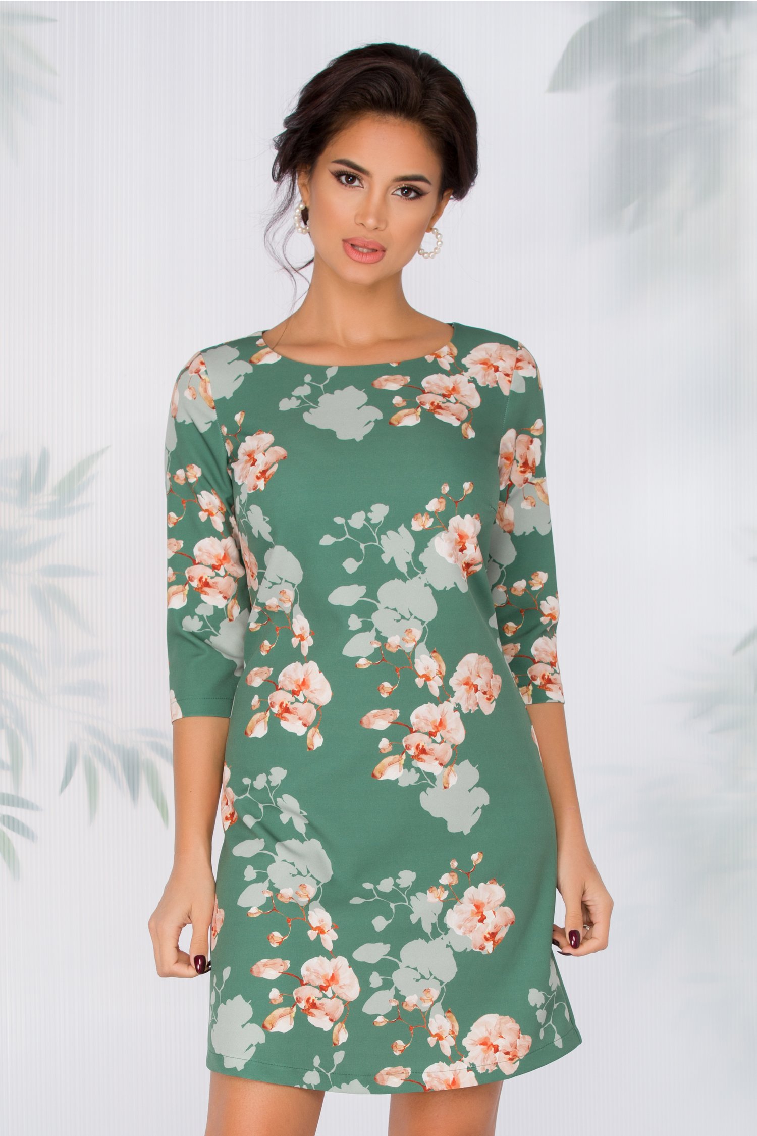 Rochie Nellie verde cu imprimeu floral orange