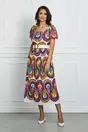Rochie Oana alba de vara cu imprimeu multicolor si curea in talie
