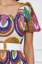 Rochie Oana alba de vara cu imprimeu multicolor si curea in talie