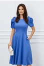Rochie office albastra clos cu trandafiri la maneci