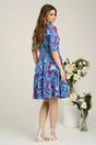 Rochie office din bumbac albastra cu imprimeuri magenta si nasturi