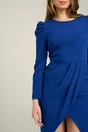 Rochie office din stofa albastra cu pliuri pe fusta si la umeri