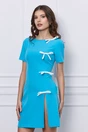 Rochie office albastra scurta cu funde albe si crepeu pe fusta