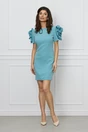 Rochie office bleu cu flori maxi pe maneci