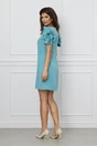 Rochie office bleu cu flori maxi pe maneci