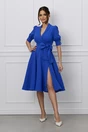Rochie office din stofa albastra cu funda in talie