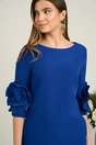 Rochie office din stofa albastra cu trandafiri la baza manecilor