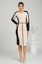 Rochie office din stofa bej si negru cu croi conic