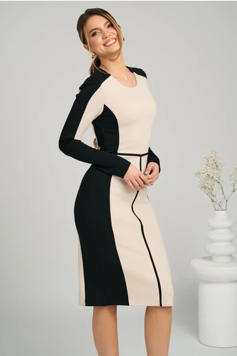 Rochie office din stofa bej si negru cu croi conic