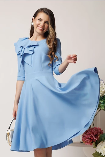 Rochie office din stofa bleu cu volan maxi pe bust