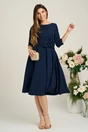 Rochie office din stofa bleumarin cu aplicatie florala in talie
