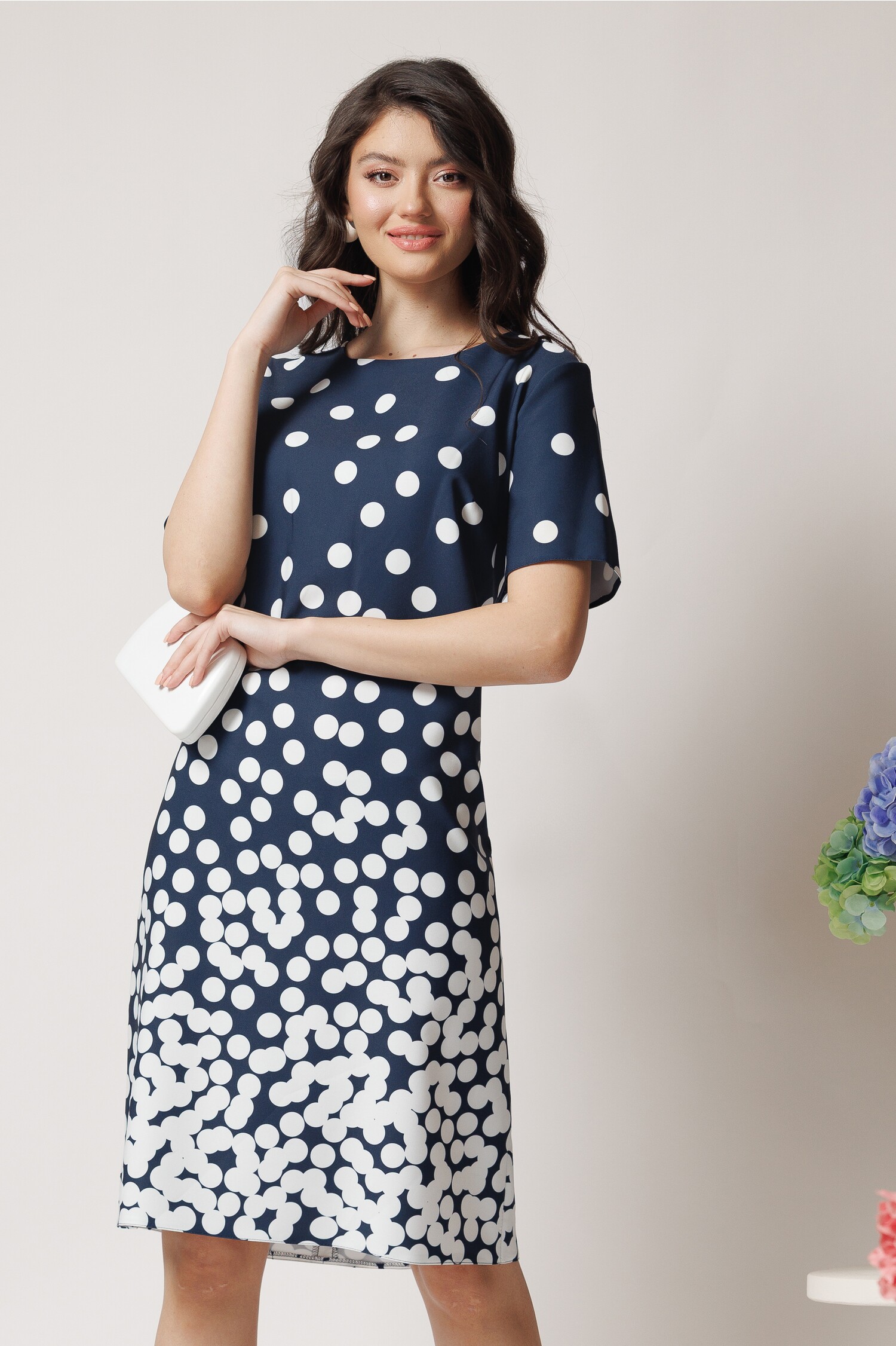 Rochie office din stofa bleumarin cu buline