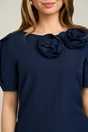 Rochie office din stofa bleumarin cu flori maxi pe bust