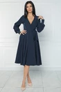 Rochie office din stofa bleumarin cu funda in talie