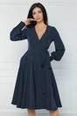 Rochie office din stofa bleumarin cu funda in talie