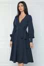 Rochie office din stofa bleumarin cu funda in talie