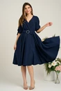 Rochie office din stofa bleumarin cu funda si catarama in talie