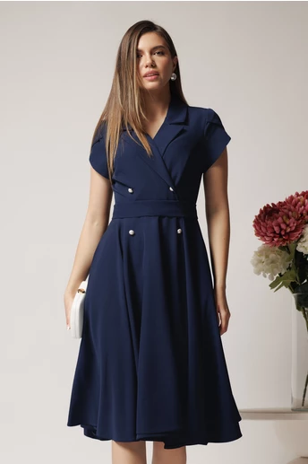 Rochie office din stofa bleumarin cu nasturi si cordon decorativ in talie