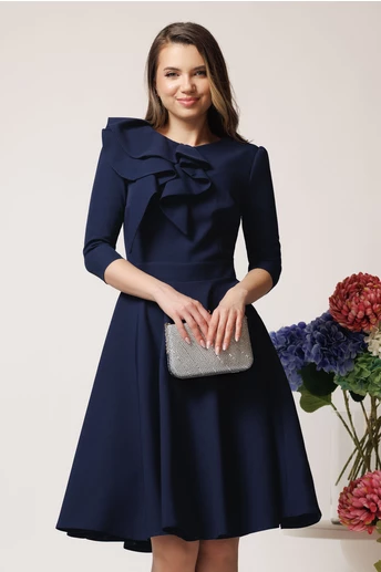 Rochie office din stofa bleumarin cu volan maxi pe bust