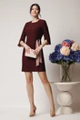 Rochie office din stofa bordo cu nod in talie si detalii roz