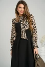 Rochie office din stofa cu voal la bust si animal print bej