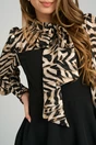 Rochie office din stofa cu voal la bust si animal print bej