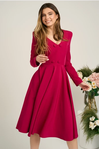 Rochie office din stofa fucsia cu nasturi la bust