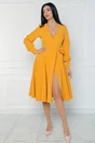 Rochie office din stofa galben mustar cu funda in talie