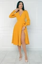 Rochie office din stofa galben mustar cu funda in talie