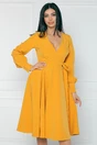 Rochie office din stofa galben mustar cu funda in talie