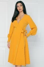 Rochie office din stofa galben mustar cu funda in talie