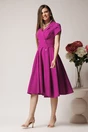 Rochie office din stofa magenta cu nasturi si cordon decorativ in talie
