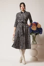 Rochie office din stofa neagra cu imprimeu bej si cordon in talie