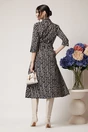 Rochie office din stofa neagra cu imprimeu bej si cordon in talie