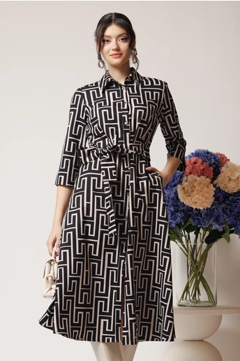 Rochie office din stofa neagra cu imprimeu ivory si cordon in talie