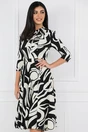 Rochie office din stofa neagra cu imprimeuri albe si buzunare functionale
