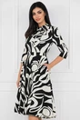 Rochie office din stofa neagra cu imprimeuri albe si buzunare functionale