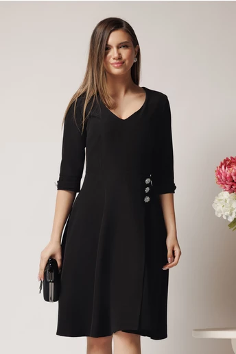 Rochie office din stofa neagra cu nasturi in talie