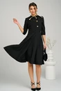 Rochie office din stofa neagra cu nasturi la bust si guler cu funda