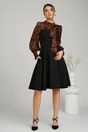 Rochie office din stofa neagra cu voal la bust si animal print caramiziu
