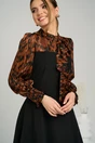 Rochie office din stofa neagra cu voal la bust si animal print caramiziu
