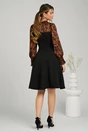 Rochie office din stofa neagra cu voal la bust si animal print caramiziu