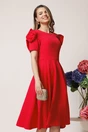 Rochie office din stofa rosu zmeura clos cu trandafiri la maneci