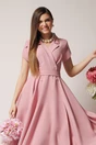 Rochie office din stofa roz cu nasturi si cordon decorativ in talie