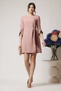 Rochie office din stofa roz cu nod in talie si detalii bordo