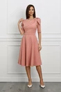 Rochie office din stofa roz piersica cu funda pe umar