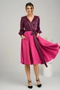 Rochie office din stofa si satin fucsia cu imprimeu pepit la bust