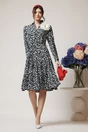 Rochie office din triplu voal neagra cu buline si cordon in talie