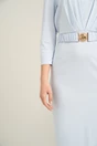 Rochie office din viscoza bleu cu pliuri pe bust si cordon in talie